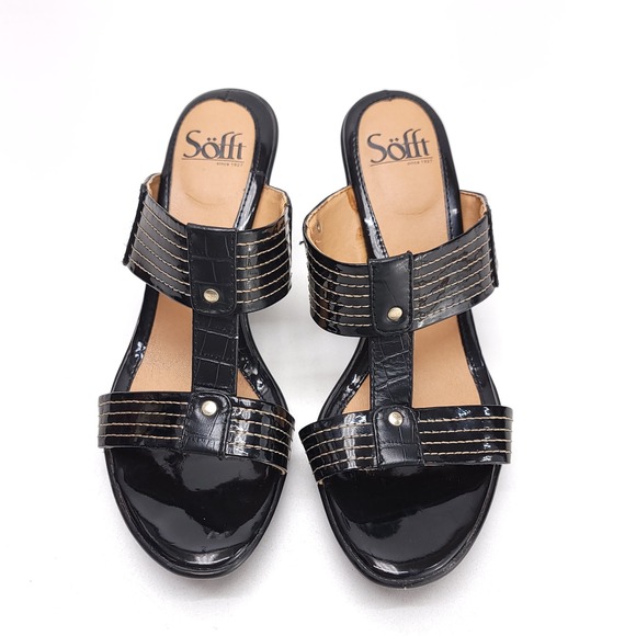Sofft Black Patent Leather Croc Embossed T-Strap Platform Heel Sandals 7.5M main image 1